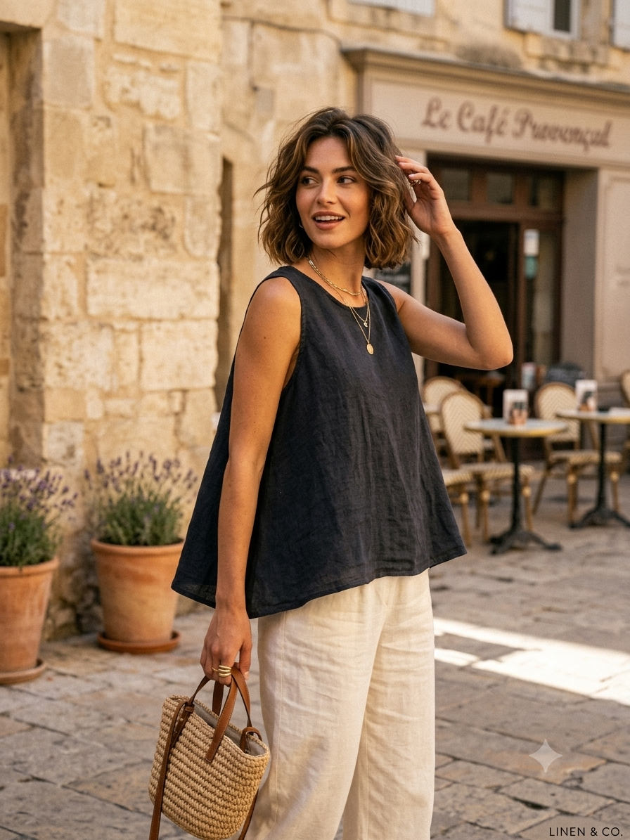 9925B REVERSIBLE VEST OR TOP, IN LINEN WITH BUTTONS