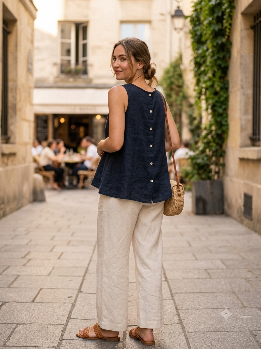 9925B REVERSIBLE VEST OR TOP, IN LINEN WITH BUTTONS