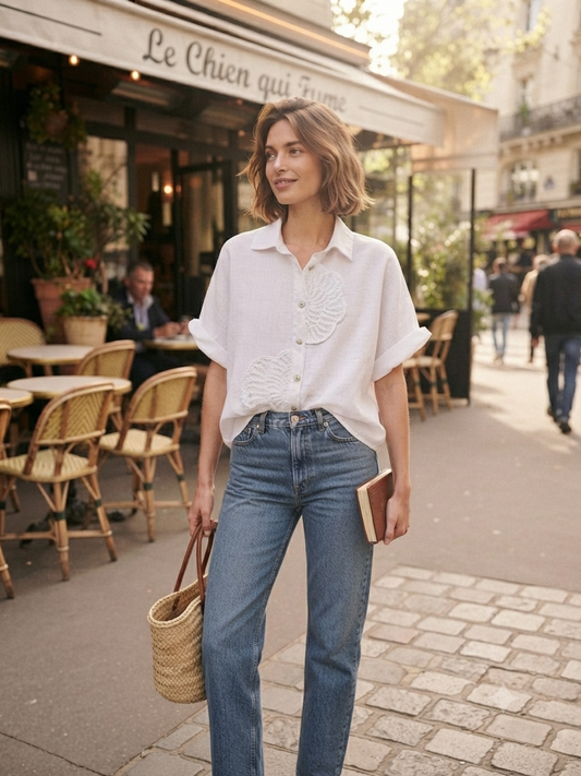 RELAXED AND MODERN LOOSE SHIRT IN LINEN WITH EMBROIDERY