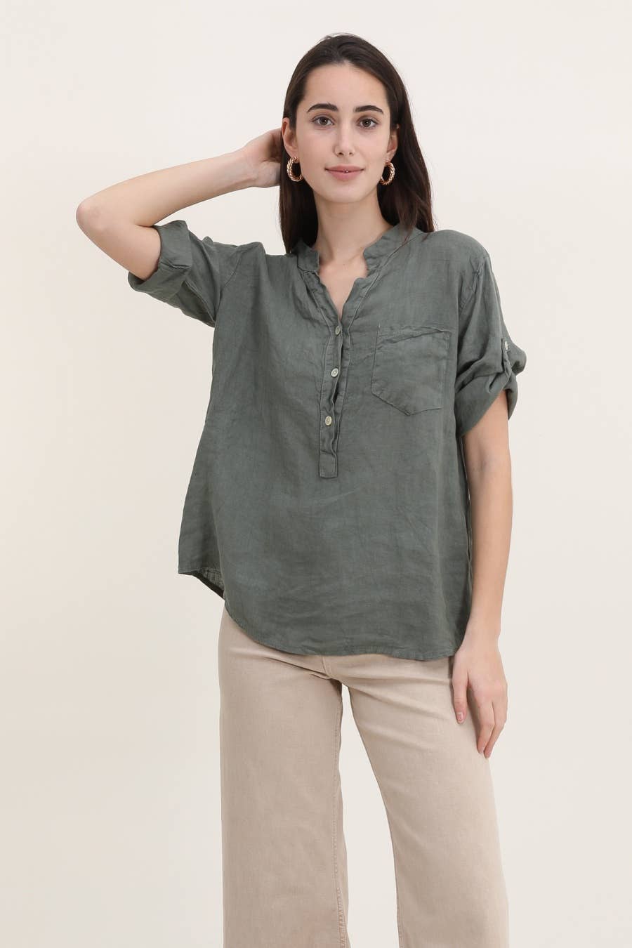 Casual blouse with linen pocket 610562 100% linen
