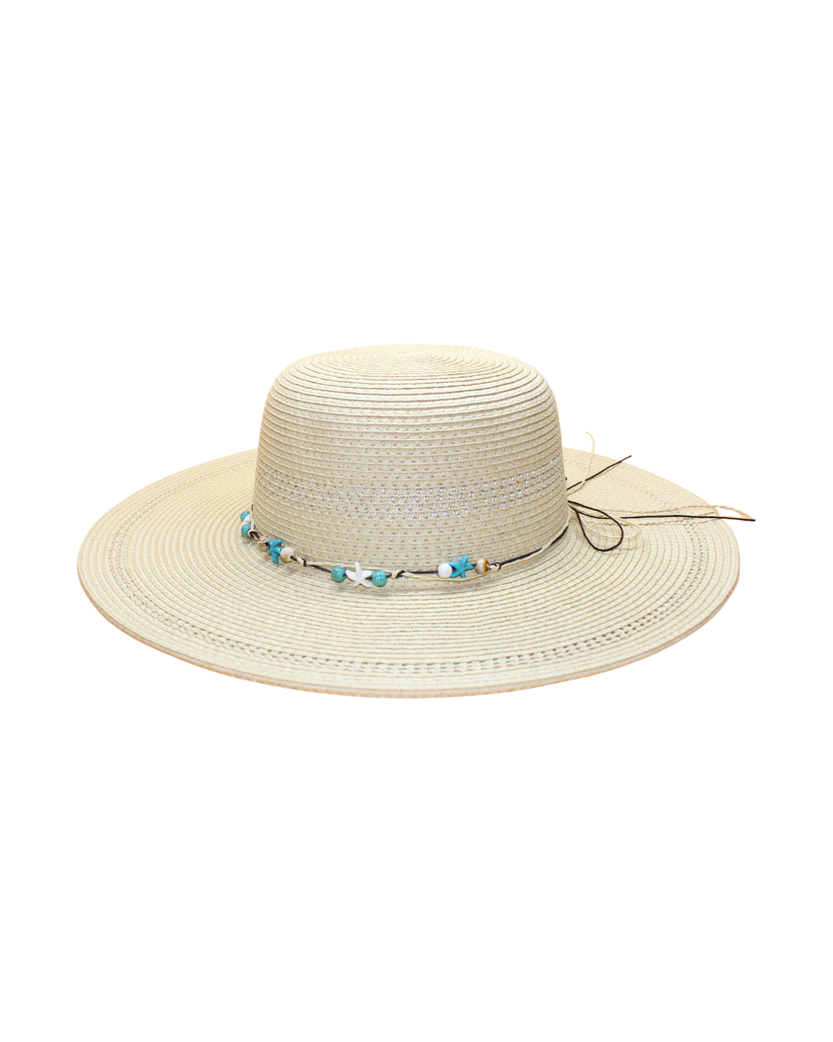 Wide Brim Floppy with turquoise beads, shells, and starfish