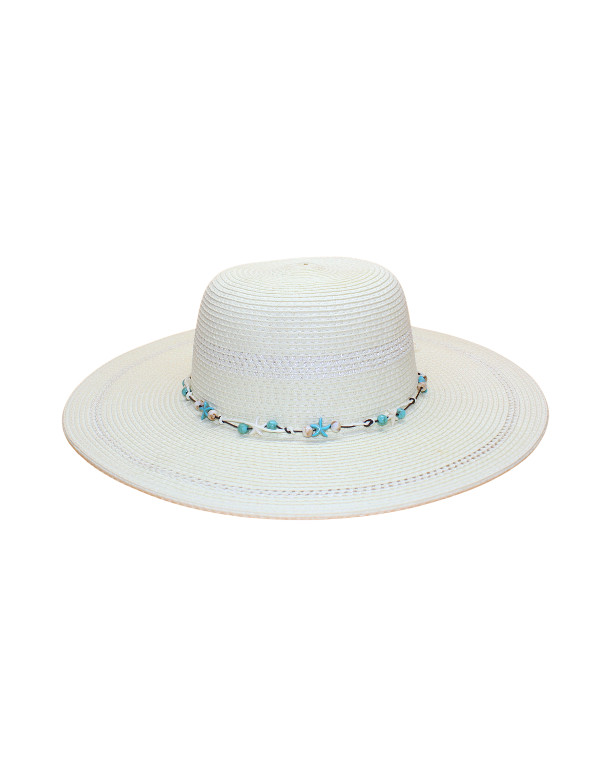 Wide Brim Floppy with turquoise beads, shells, and starfish