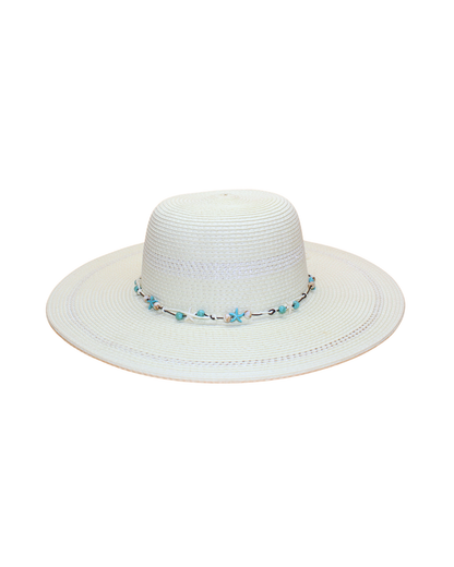 Wide Brim Floppy with turquoise beads, shells, and starfish