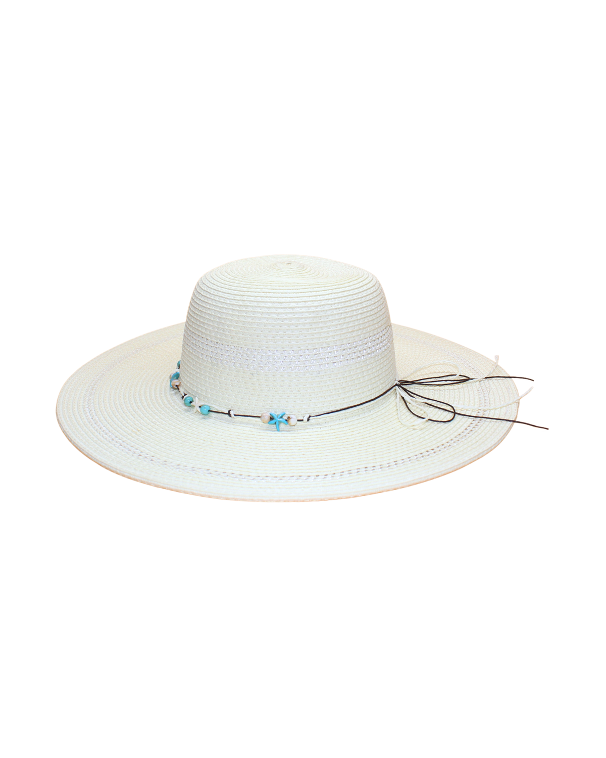 Wide Brim Floppy with turquoise beads, shells, and starfish