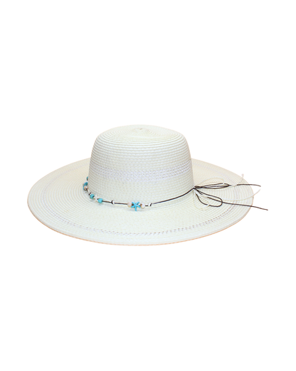 Wide Brim Floppy with turquoise beads, shells, and starfish