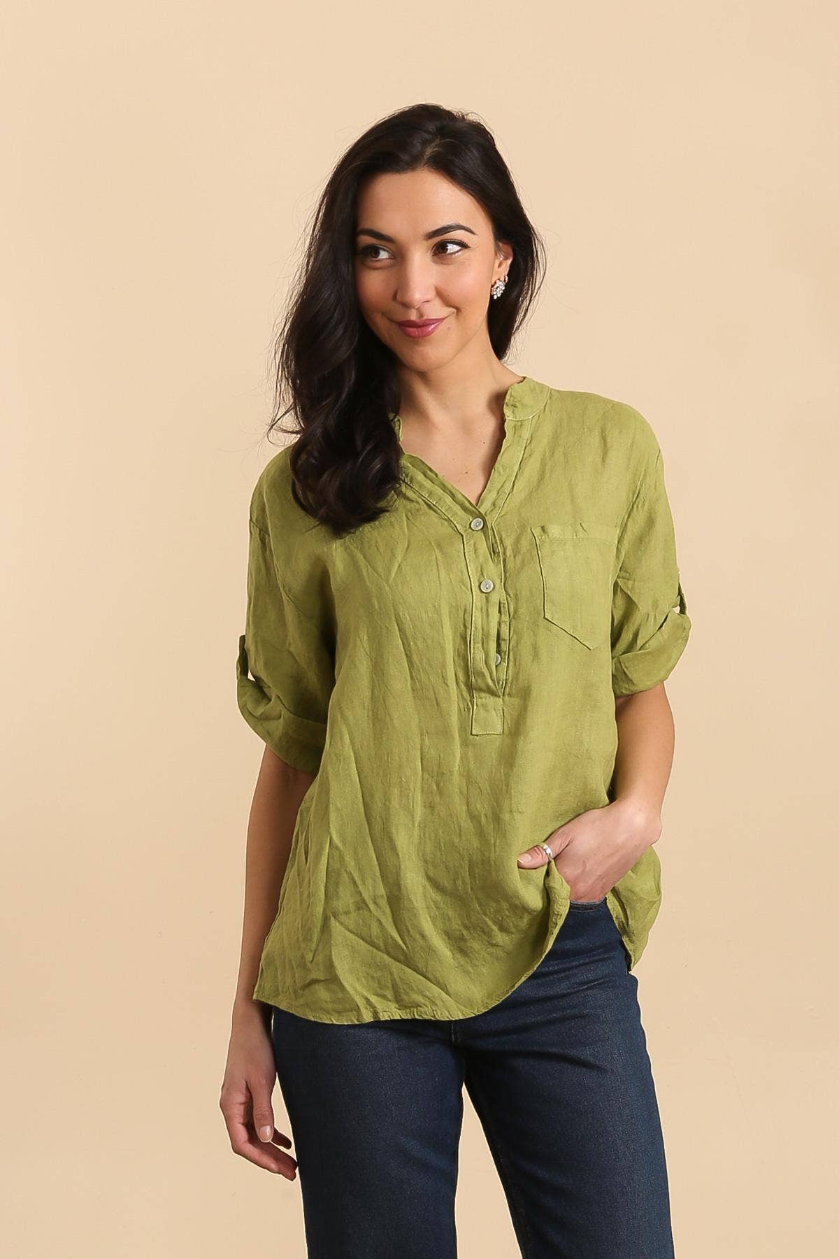Casual blouse with linen pocket 610562 100% linen
