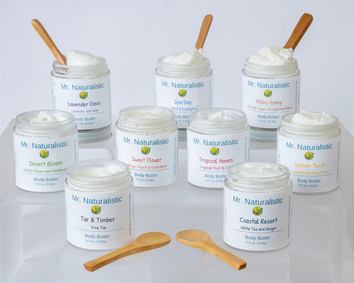 Naturalistic body butter jars with wooden spatulas