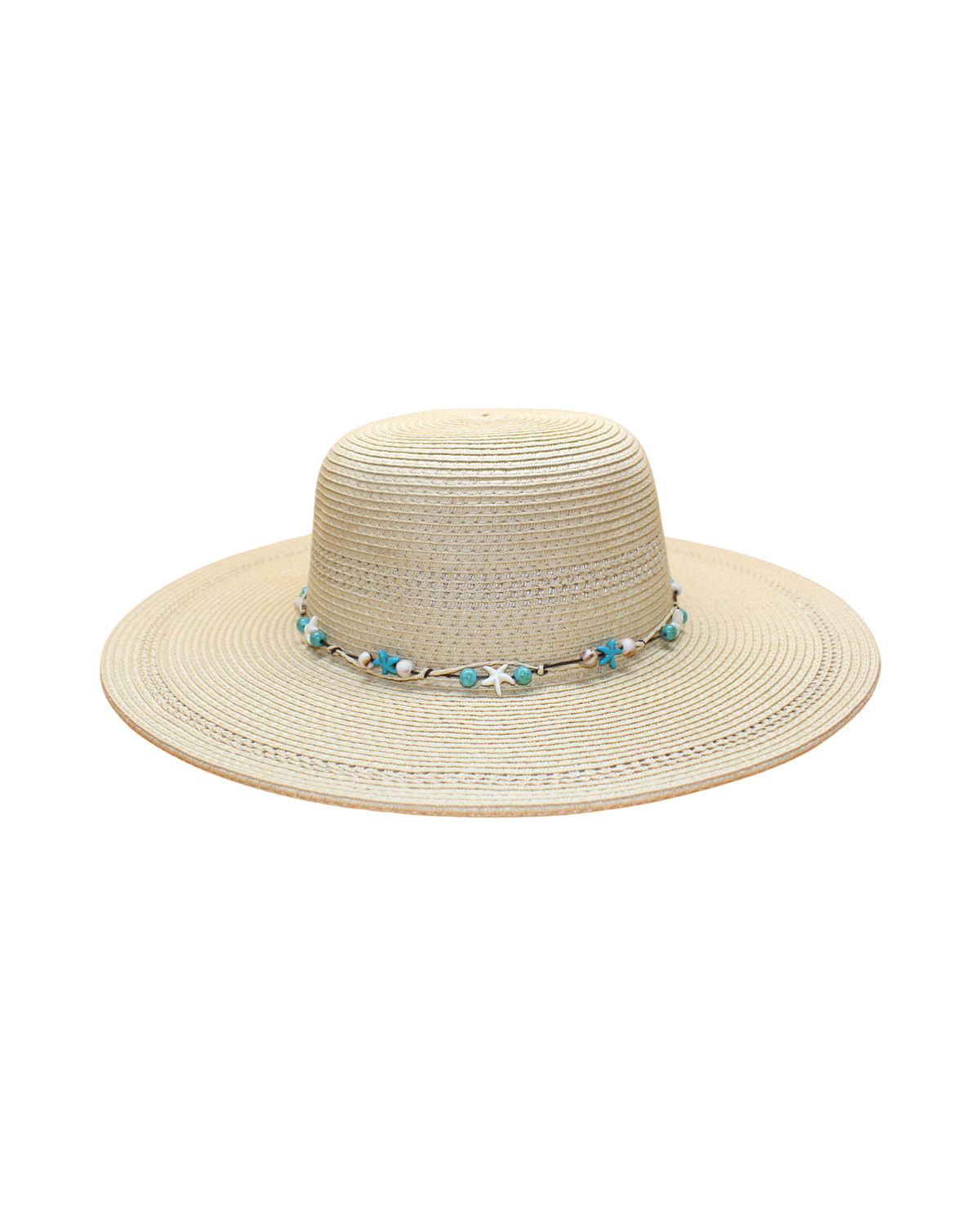 Wide Brim Floppy with turquoise beads, shells, and starfish