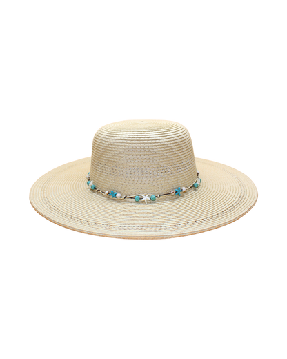 Wide Brim Floppy with turquoise beads, shells, and starfish