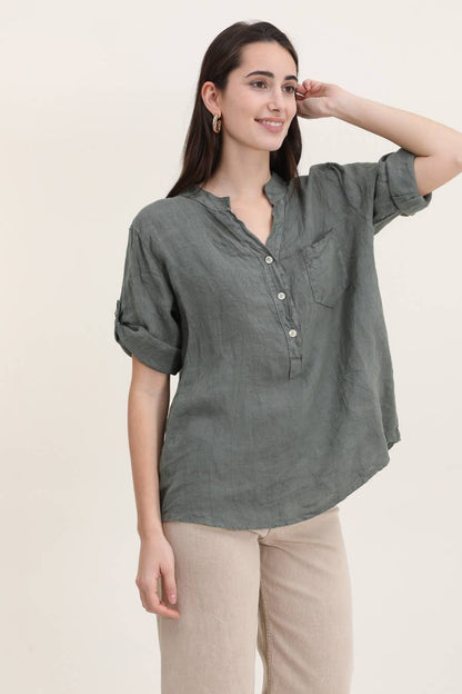 Casual blouse with linen pocket 610562 100% linen